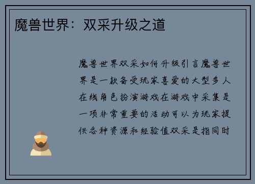 魔兽世界：双采升级之道